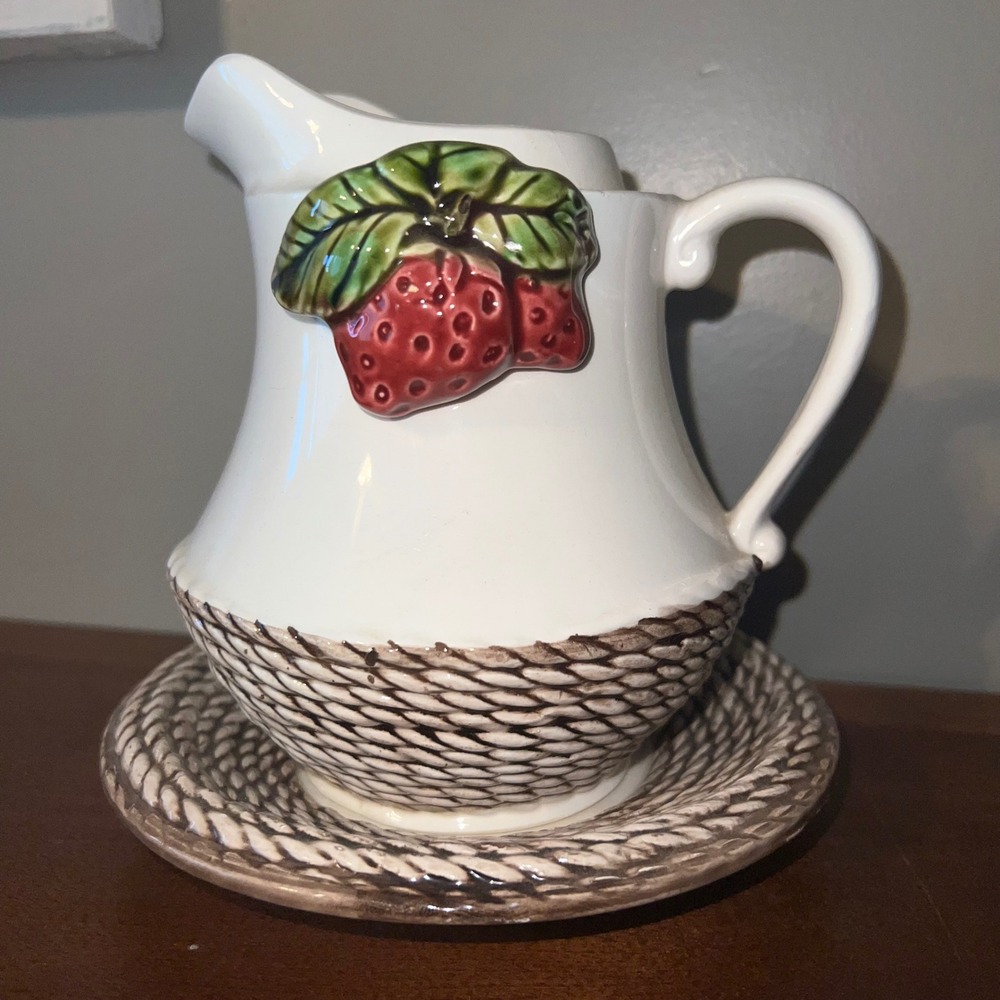 Strawberry Pitcher and Saucer Set White Brown Rustic Basket Weave Decor Ceramic
